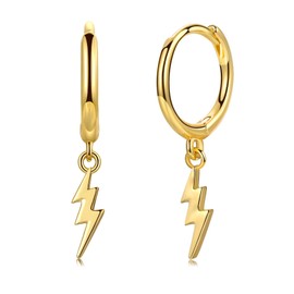 CERSLIMO Gold Dainty Dangle Huggie Hoop Earrings for Women Girls, S925 Sterling Silver Drop Earrings | 14K Gold Plated Small Minimalist Lightning Bolt Dangle Earrings