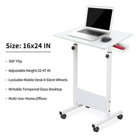 KOUPA Adjustable Height Standing Desk, Writable Tempered Glass Desktop with Eraser, 360° Flip, Wheels – Ideal for Small Spaces and Home Offices, 24 in, White(Adjustable Height: 32-47 in)