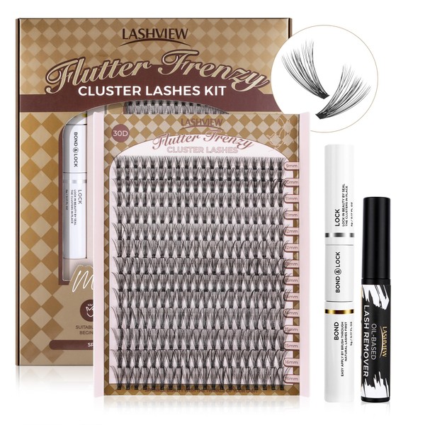 LASHVIEW 30D DIY Eyelash Extension Kit, Cluster Eyelash Extensions, Individual Eyelash Kit, Individual Eyelashes with Glue and Tweezers