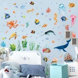 Celestdeco Ocean Wall Decals,Under The Sea Fish Wall Sticker,Sea Animals Stickers for Bathroom,Fish Bathroom Decor,Peel and Stick Seaweed Turtle Whales Shark Decals for Kids Bedroom Nursery Playroom
