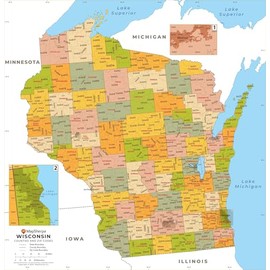 Wisconsin ZIP Code Map with Counties - Standard - 37 x 36 inch Poster - Front Lamination