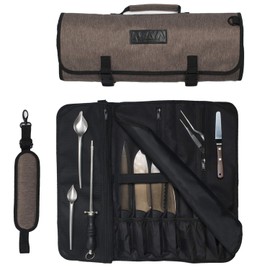 Asaya Chef Knife Roll Bag - 20 Total Pockets for Knives and Kitchen Utensils - Made with Stain Resistant Waxed Nylon - For Chefs and Culinary Students - Knives Not Included(Brown)
