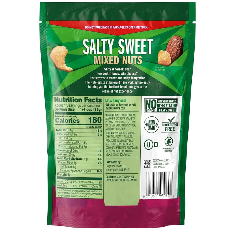Emerald Nuts, Salty Sweet Mixed Nuts, Features Kettle Glazed Peanuts,