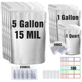 15 Mil 5 Gallon Mylar Bags for Food Storage with 2500cc Oxygen Absorbers - 55 Pack Mylar Bags Include 5 Gallon, 1 Gallon,1 Quart, 100 Pcs Labels and 500cc Oxygen Absorbers for Long Term Food Storage
