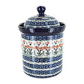 Blue Rose Polish Pottery - Orange Peach Posy Medium Canister - 5.5 Cup Capacity - Hand-Painted Polish Pottery Ceramic Kitchen Storage Jar with Lid