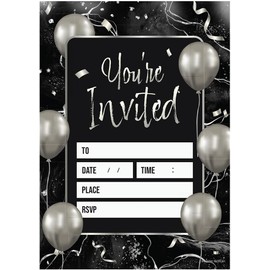 Kirsten McMillan 32 Black Silver Balloons Party Invites - Party Invitations Adult - A6 Birthday Party Invitations with Envelopes – Designed and Printed in the UK