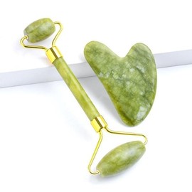 Natural Jade Roller and Gua Sha Set for Skin Massage, Cooling, and Puffiness Relief 1257) 2ea