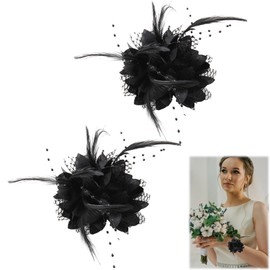 2 Pcs Black Rose Flower Hair Clip, Flower Feather Bead Corsage Feather Fascinator Headwear Flower Brooch Hairpin Feather Hairband Flower Hats Clip Hair Barrette for Women Girls Birthday Wedding Party