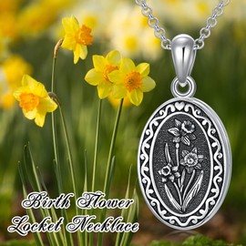 MEIDERBO March Birth Flower Photo Locket Necklace 925 Sterling Silver 12 Month Locket Necklace with Picture Birth Flower Photo Jewelry Gifts for Women Mother Mom Daughter