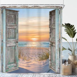 Riyidecor Beach Shower Curtain 72Wx72H Inch Ocean Barn Door Seaside Sea Beachy Coastal Hawaiian Nautical Sunset Landscape Nature Farmhouse Bathroom Decor Fabric Polyester Waterproof 12 Pack Hooks