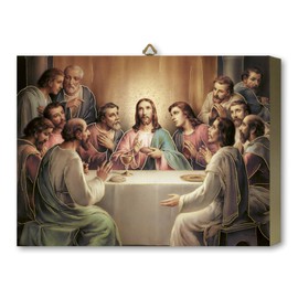 Fratelli Bonella Table in Gilded Oak Melamine with Last Supper 19.7 x 25 cm, Made in Italy