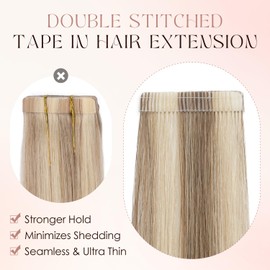 SLEEKALON Human Hair Tape in Extensions-Double Stitched,SLEEKALON Free-cut Mini Tape ins Real Hair Extension Highlights Bleach Blonde mix Brown Seamless Straight Double Side Tape Hair-16 Inch,20pcs 50g,#12P613
