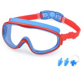 KAILIMENG Kids Swim Goggles, Clear Wide View No-Leak Anti-Fog UV Protection Swimming Glasses with Nose Clip Earplugs for Toddlers Youth Child 3-15 Years Old (Red Blue)