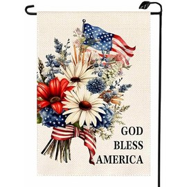 God Bless America Floral Garden Flag 12x18 Inch Double Sided for Outside Small Burlap 4th of July Independence Day Outdoor Farmhouse Yard Decor Patriotic Decorations MG22