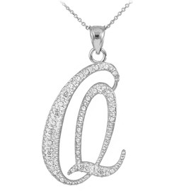 Claddagh Gold 925 Sterling Silver Cubic Zirconia Accented Script Initial Letter Q Pendant Necklace, 16"
