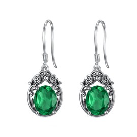 Althum 925 Sterling Silver 7 x 9 mm Oval Garnet Amethyst Emerald with Vintage Filigree Earrings for Women, Sterling Silver, Emerald