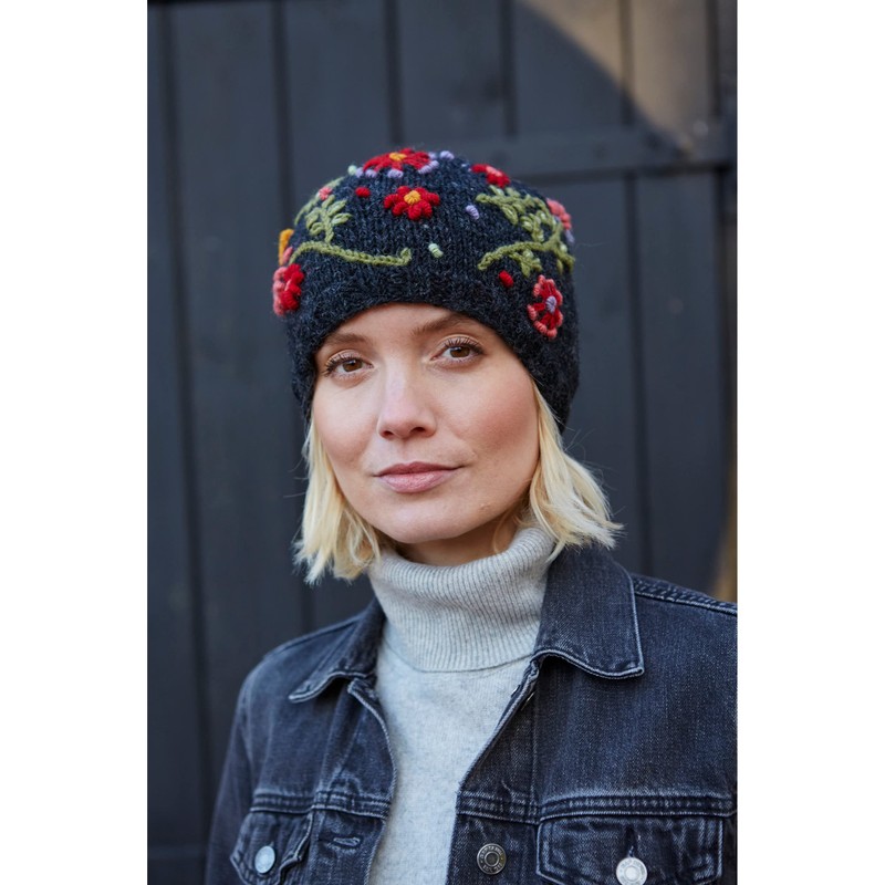 Pachamama Women Wool Beanie Hat Handknitted Flower Embroidery Multicoloured One