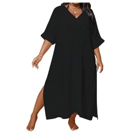 WDIRARA Women's Plus Size Swimwear V Neck Half Sleeve Split Side Cover Up Beach Dress Black XX-Large Plus