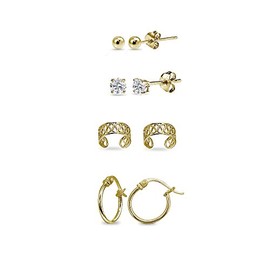 4 Pairs Gold Flash Sterling Silver Unisex Filigree Ear Cuffs, 12mm Tiny Small Hoops, 3mm Round Ball Stud & CZ Stud Earrings Set