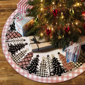 DISENB Christmas Tree Skirt 48 Inch, Pink and White Buffalo Plaid Xmas Tree Skirt, Winter Christmas Tree Mat for Home Party Holiday Indoor Outdoor Decorations