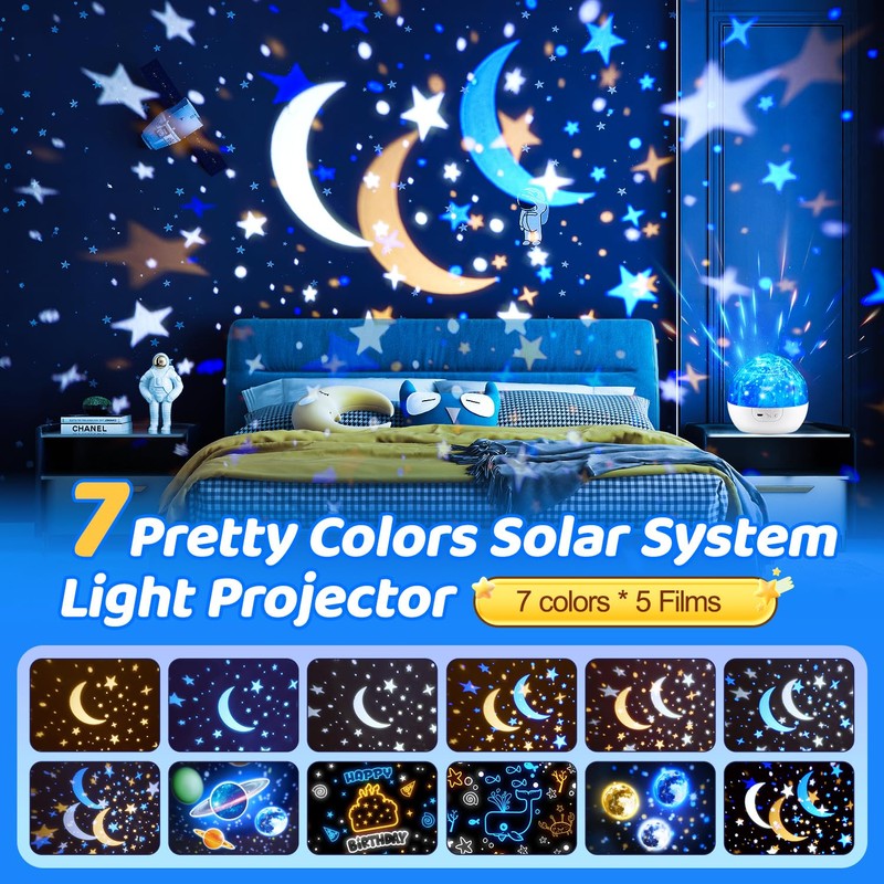 Solar System for Kids Projector Night Light, 360°Rotating+5 Films Planets