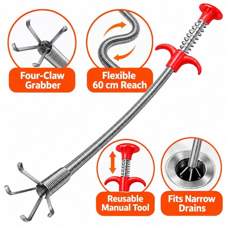 60cm Flexible Drain Snake with 4-Claw Grabber – Spring-Loaded Pipe