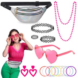 19 Pieces 80s 90s Outfit Women's Accessories Malle Accessories with Bum Bag 80s Clothing Women's Set for Carnival Festival Party, Silvery, One size fits all