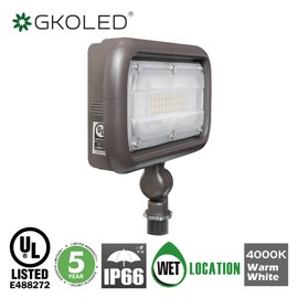 GKOLED 30W LED Floodlight, Outdoor Security Fixture, Waterproof, 100W PSMH Replace, 3000 Lumens, 4000K Cool White, 70CRI, 120-277V, 1/2" Knuckle Mount, UL-Listed