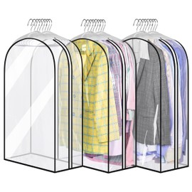MISSLO 32" All Clear Garment Bags for Hanging Clothes 10" Gusseted Suit Bags for Closet Storage Suit Cover Bags Hanging Clothes Storage Bag for Shirts, Coats, 3 Packs