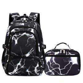 XLERHAZO School Backpack Lunch Box Set Water Repellent Casual Daypack Lightweight Bookbags for Kids (A-style Lighting Black)