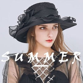 Women Organza Church Fascinator British Tea Party Bridal Wedding Derby Hat Elegant Dress Hat Bowler Flower Wide Brim Sun Hat Black