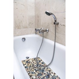 Splash Home Pebbles Fabric Printed PVC Bathtub Mats Non-Slip Mildew Resistant Extra Long Machine-Washable with 58 Strong Suction Cups, 16" x 27" Inch (Grey)