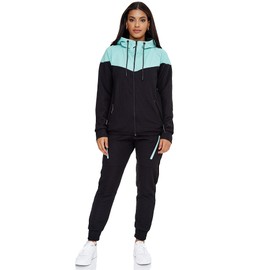 Violento Women's Jogging Suit 0984, Cool Fitness Suit Made of Cotton, Training Jacket with Zip and Hood, Sports Suit with Elasticated Cuffs, S-3XL, Black Mint, xxl