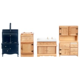 DOLLHOUSE MINIATURE 1:12 SCALE 4PC OLD FASHIONED OAK KITCHEN SET #T4543