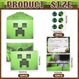 Dncvb Gaming Invitation Cards, Set of 12 Pixel Invitation Cards for Children's Birthday Parties for Boys and Girls Including 12 Envelopes and 12 Stickers, German Miner Invitation Cards for Children's