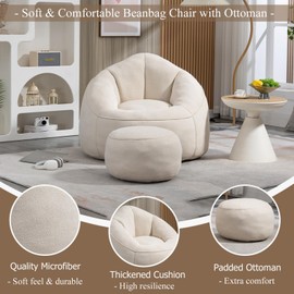 Bean Bag Chair with Ottoman, Comfy Beanbag Chair for Adults with Memory Foam Filler, Lazy Bean Bag Sofa with Stool, Cozy Lounge Chair for Teens and Kids to Reading, Gaming and Watching TV (Beige)