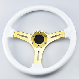 Universal 14" White Wood Steering Wheel Gold Spoke 6 Bolts Modified Personality Cool Racing Competition Steering Wheel