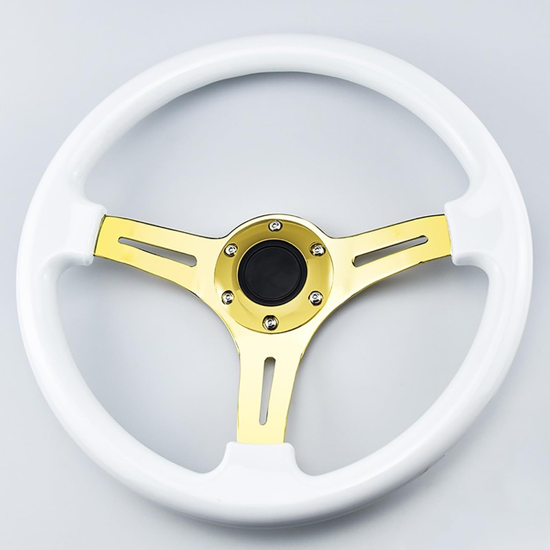 Universal 14" White Wood Steering Wheel Gold Spoke 6 Bolts