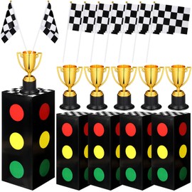 CroBlissful 36 Pcs Race Car Party Decorations Set 12 Traffic Light Boxes 12 Racing Checkered Flags and 12 Gold Trophy for Racing Car Theme Birthday Party Supplies Table Centerpiece Decorations