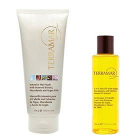 Terramar Dúo Capilar: Mascarilla Intensiva 200g + Óleo 3 en 1 de 98 ml. Con Argán, Macadamia, Algas y Monoi de Tahití, Hidratación y Brillo Sin Frizz.