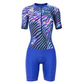 Sikma Women’s Half Sleeve Trisuit Breathable Mesh Triathlon Padded Suit with Hi Viz Reflection One Back Pocket and Power Band Leg Grippers Trisuit (Oil Slick, X-Large)