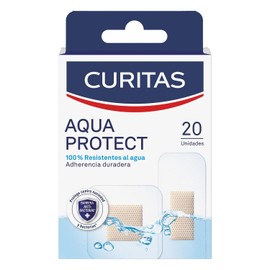 CURITAS Venditas Adhesivas Aquaprotect, 100% resistentes al agua, ideales para bañarse y nadar, protegen la herida contra la suciedad y bacterias, 20 piezas