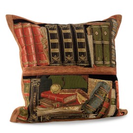Yapatkwa Belgian Tapestries, Leather / Library Books on Shelf with Baseball, Decorative Woven Tapestry Pillow / Cushion Cover, 18" x 18"
