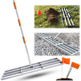 Lawn Leveling Rake, 48in / Double Side can Switch, with 20pc Marking Flags to Mark Low Spot, Stainless + Powder-Coat, FLAT Level Soil/Dirt/Compost on Lawn, SERRATED Rake Dead Grass/Ruts/Gravel on Yard