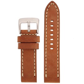 Tech Swiss Watch Band Thick Leather Like Original Heavy Buckle Tan Brown White Stitching 22mm