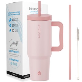 GROSCHE ASPEN 40 oz tumbler with handle and straw. Extreme insulation, classy design, built to last insulated stainless steel tumbler with handle, lid and straw - ROSE PINK