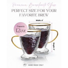 Sister.ly Drinkware, Hammered Double Wall Glass Coffee Cups with Gold Rim and Gold Handle, Insulated Glass Coffee Mugs, Set of 2, 12 ounces. Perfect for Espresso, Latte, Tea, Irish Coffee