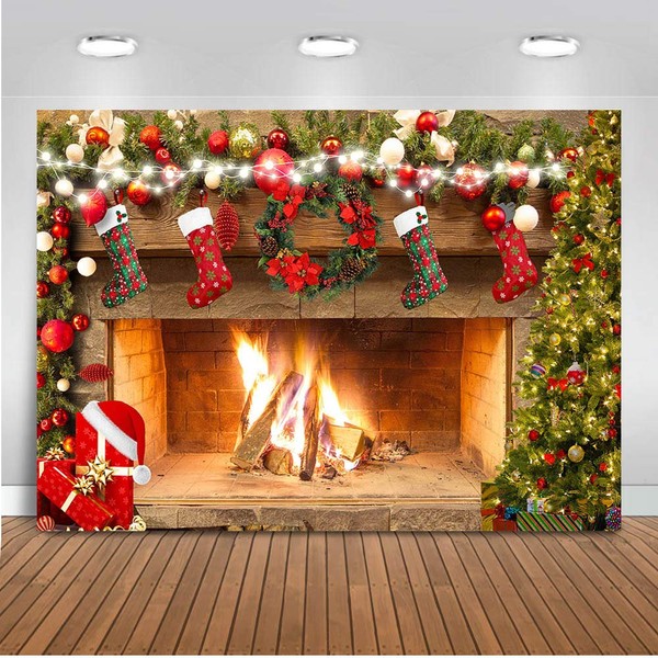 Mocsicka Fireplace Backdrop 5x3ft Merry Christmas Fireplace Family Party Decorations