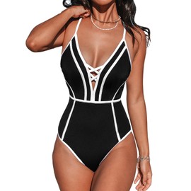 CUPSHE Women's One Piece Swimsuit Plunging V Neck Bathing Suit Crisscross Back Tie Slimming Sculpting Color Block, M