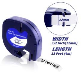 YIIFELL 6x Dymo Letratag Etikettenband, Dymo Letratag Plastic White Band 12mm x 4m für Dymo Letratag XR Etikettenband Dymo Beschriftungsgerät Bänder für Letratag LT-100H LT-100T XM 200B Schwarz auf Weiß 91221